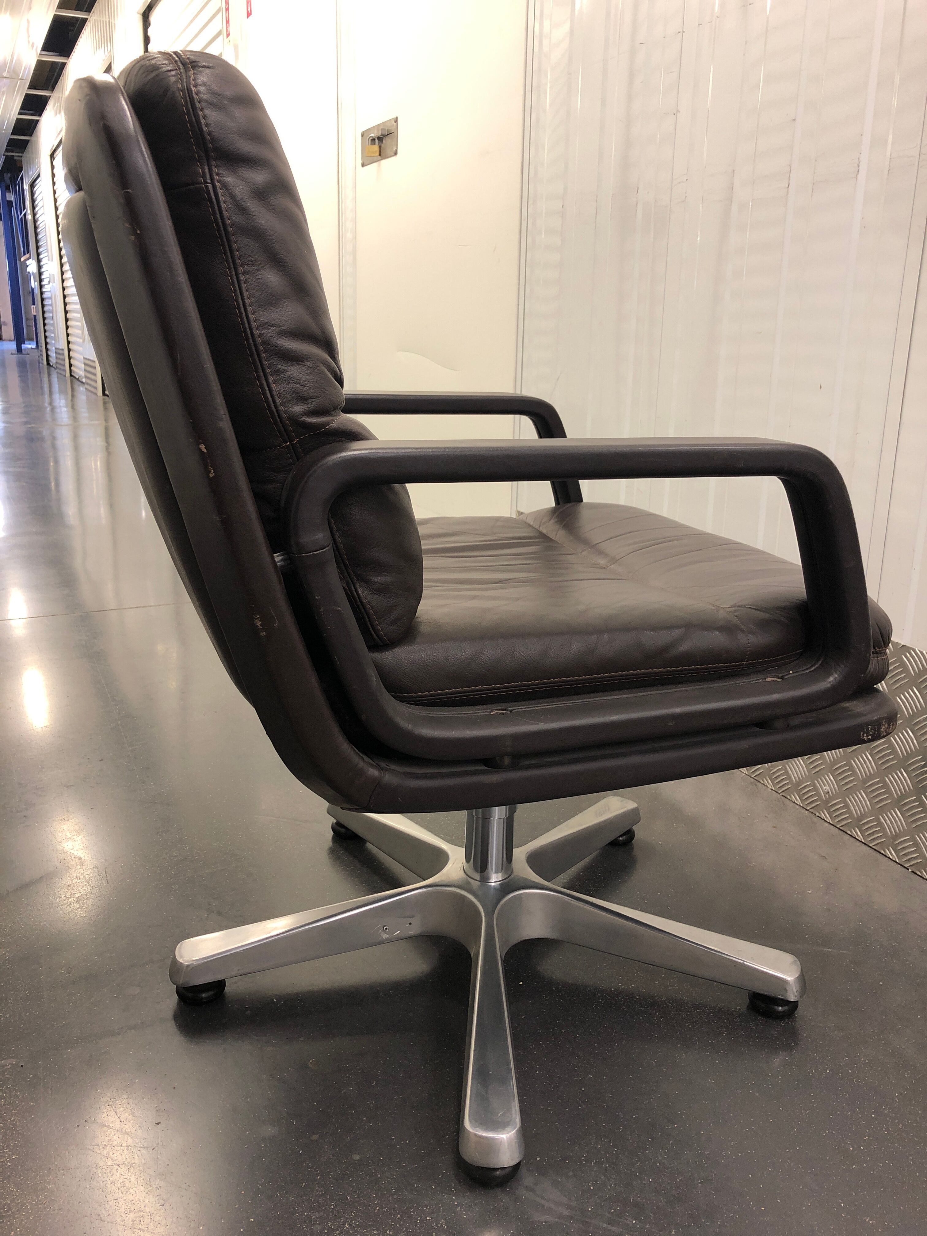 Office armchair in brown and aluminum leather around 1970