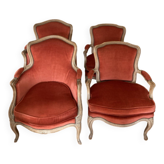 Ensemble 4 fauteuils velours Corail Louis XV