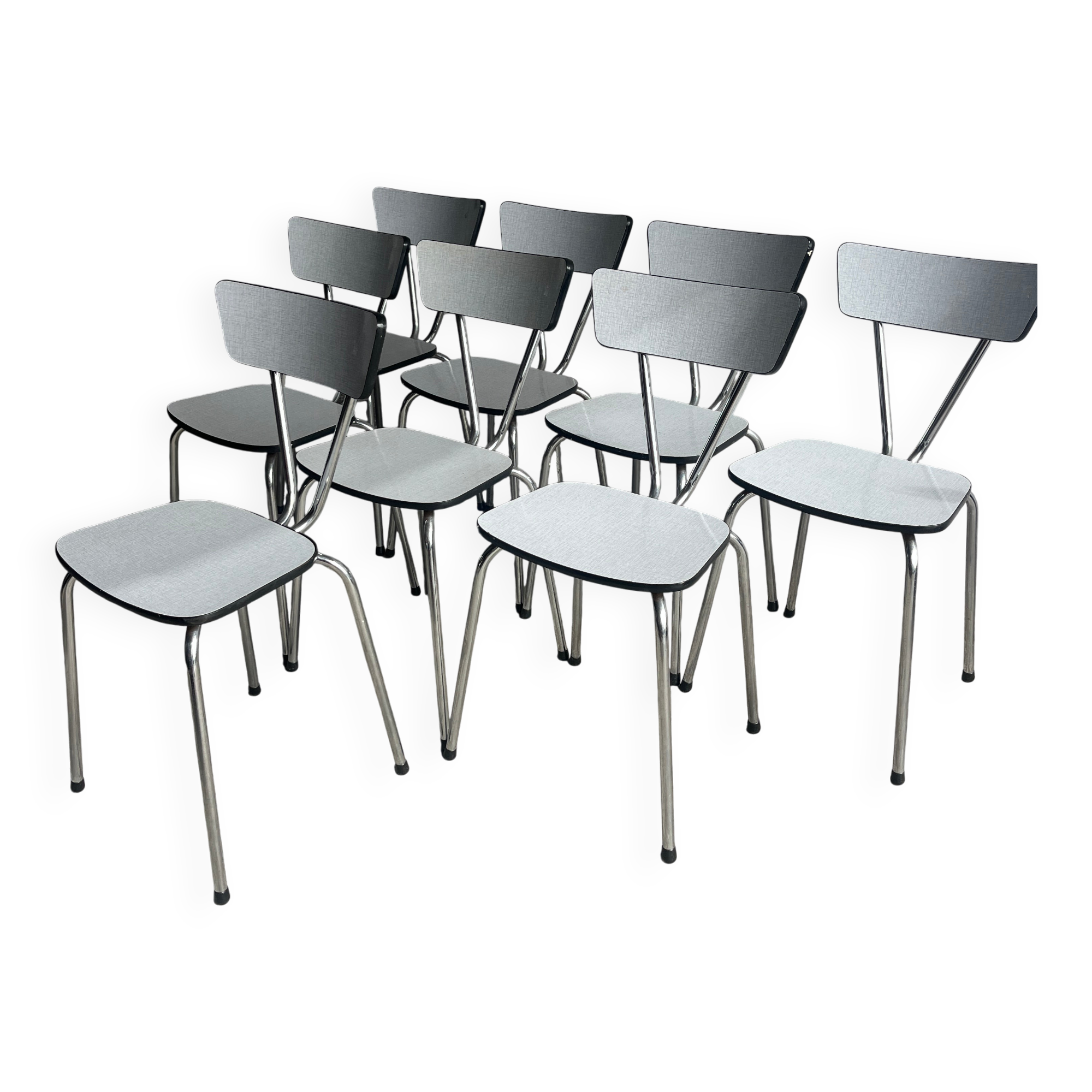 Set of 8 Vintage Mid-century Dining Chairs — Light Grey Laminated Plywood with Chrome Legs