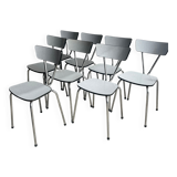 Set of 8 Vintage Mid-century Dining Chairs — Light Grey Laminated Plywood with Chrome Legs