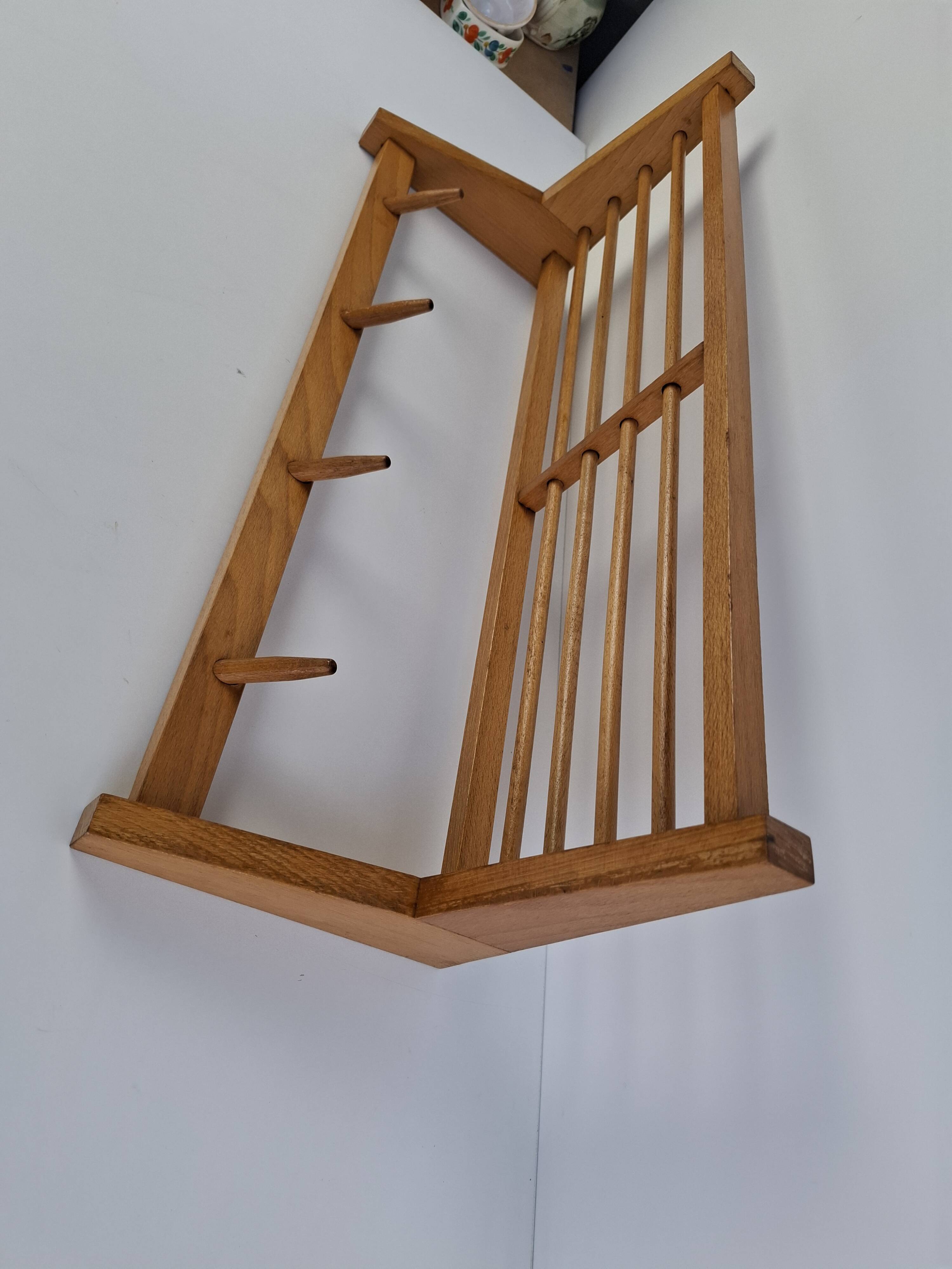 Mid-century Czechoslovak wooden wall coat rack with shelf, Uluv, 1970s