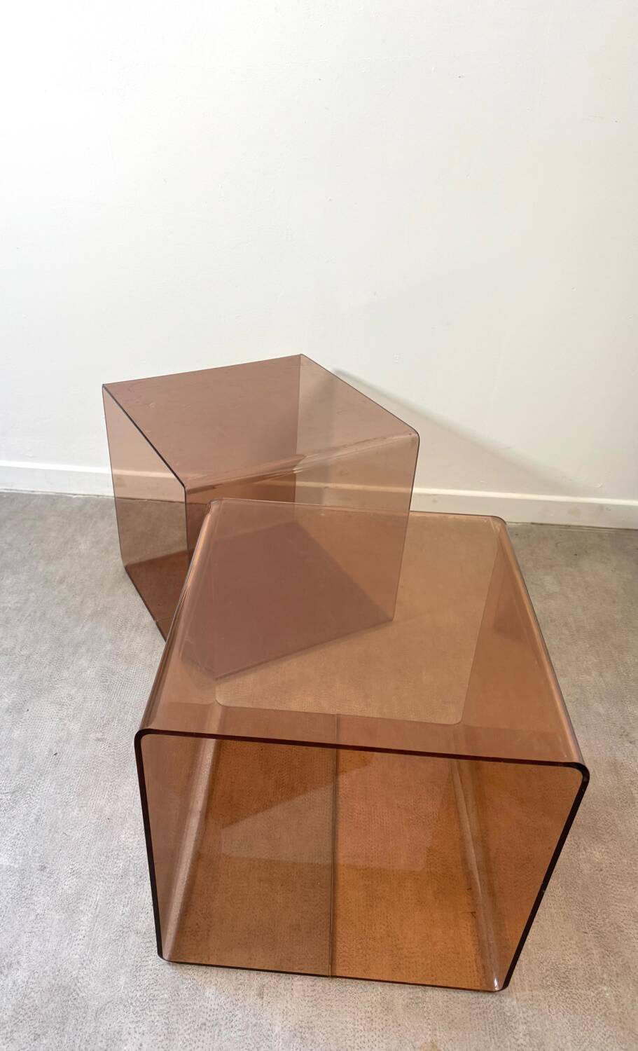 Pair of smoked Plexiglas cubes by Michel Dumas