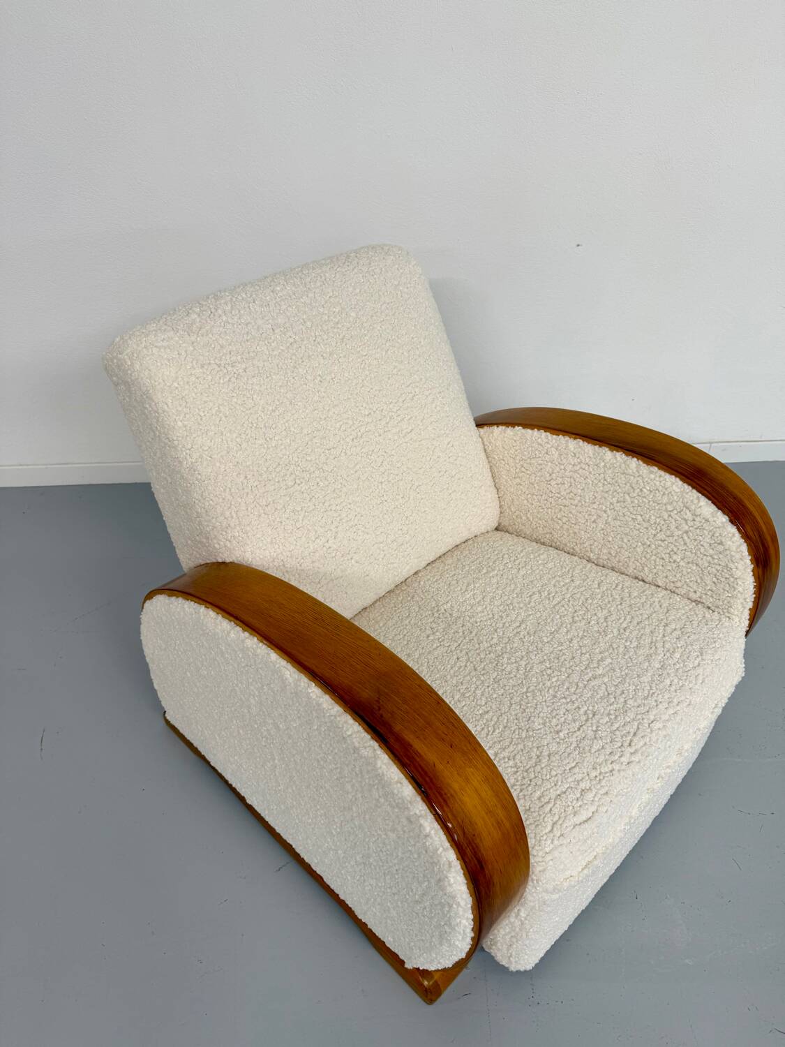 2 antique Art Deco club chairs from the 1930s, bentwood frame, bouclé fabric