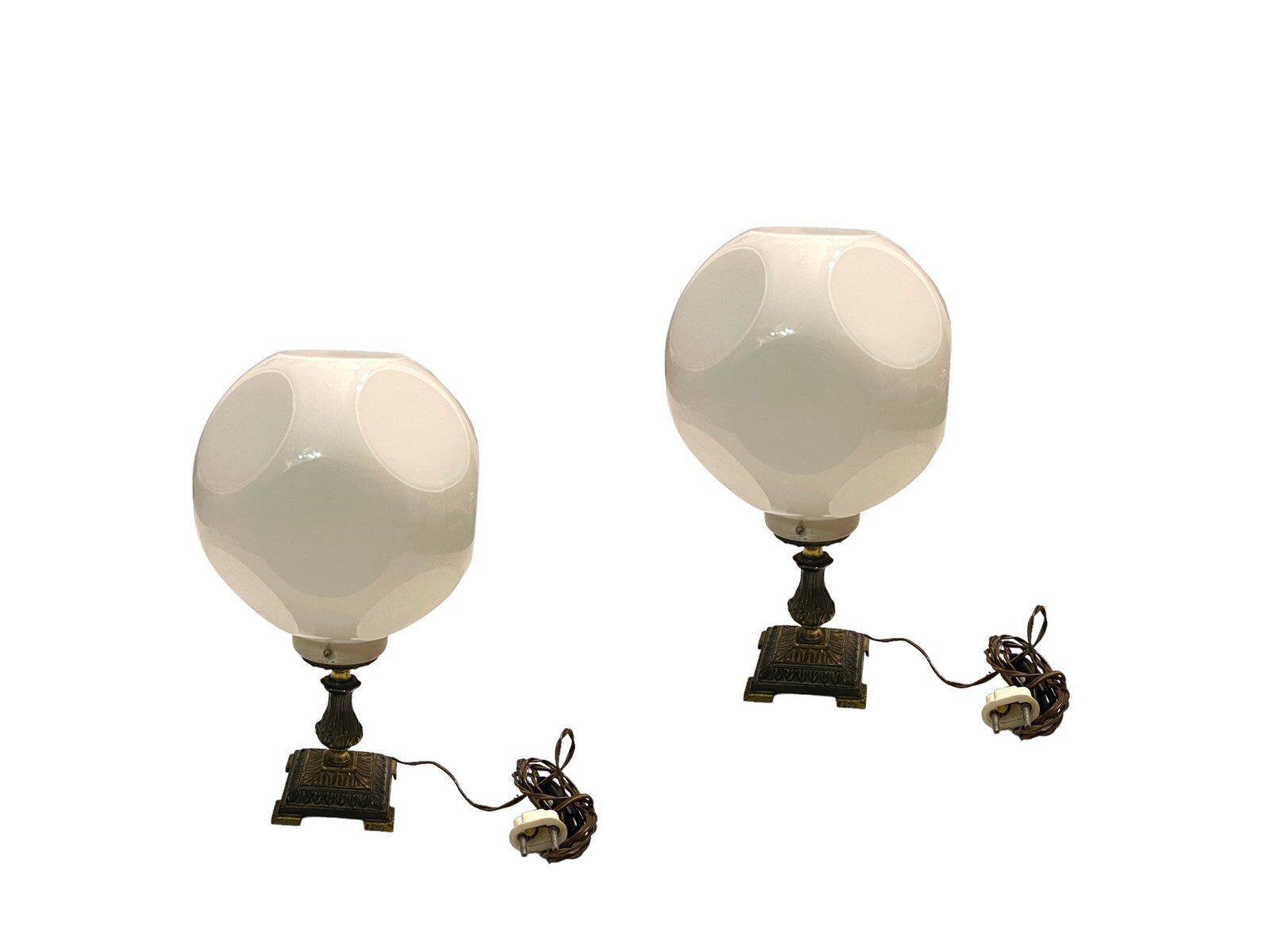 Opaline glass dice shaped table lamps, 1960s, set of 2