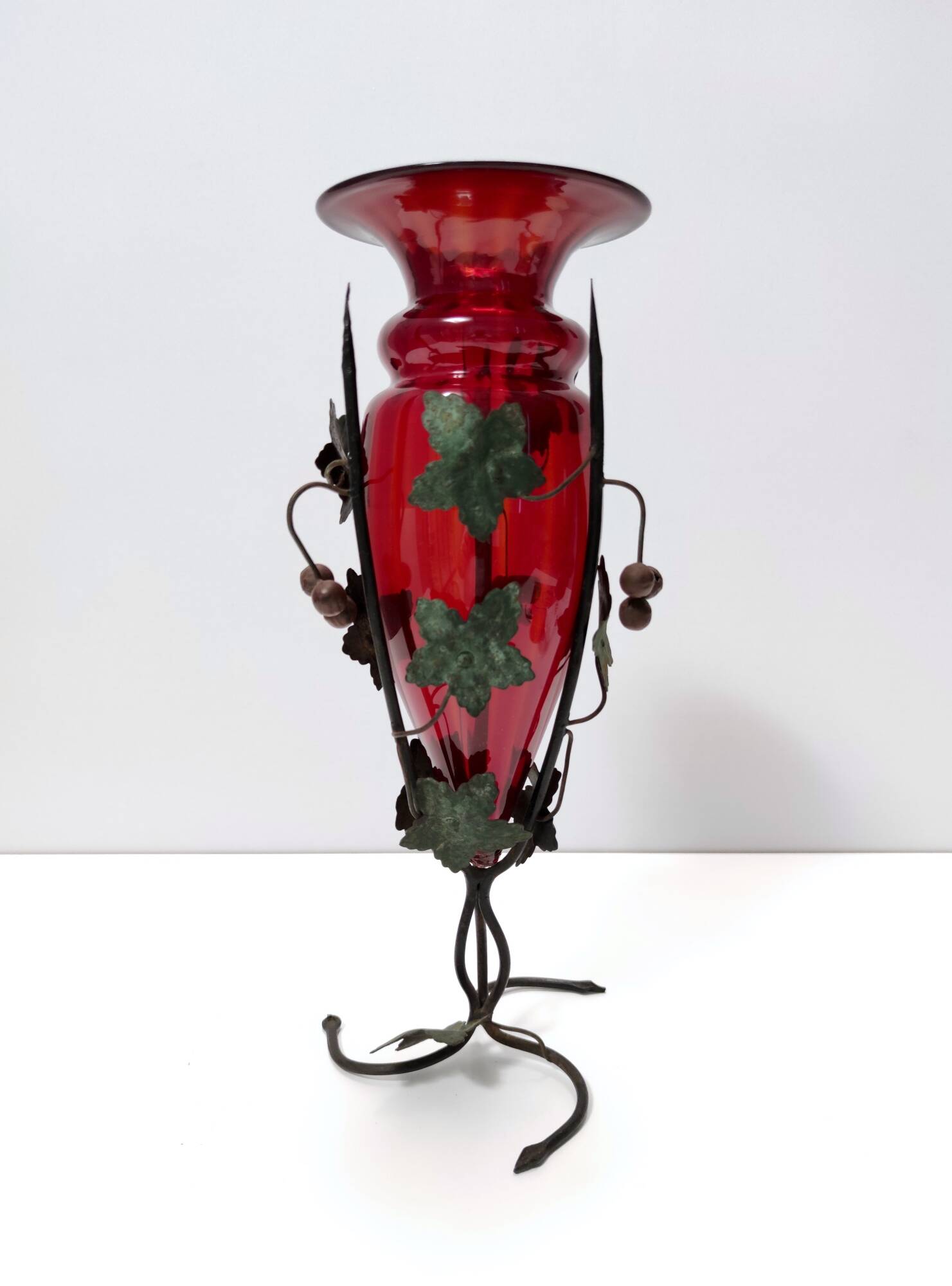 Ruby Red Murano Glass Vase with Iron Grape Vines Ascribable to Umberto Bell