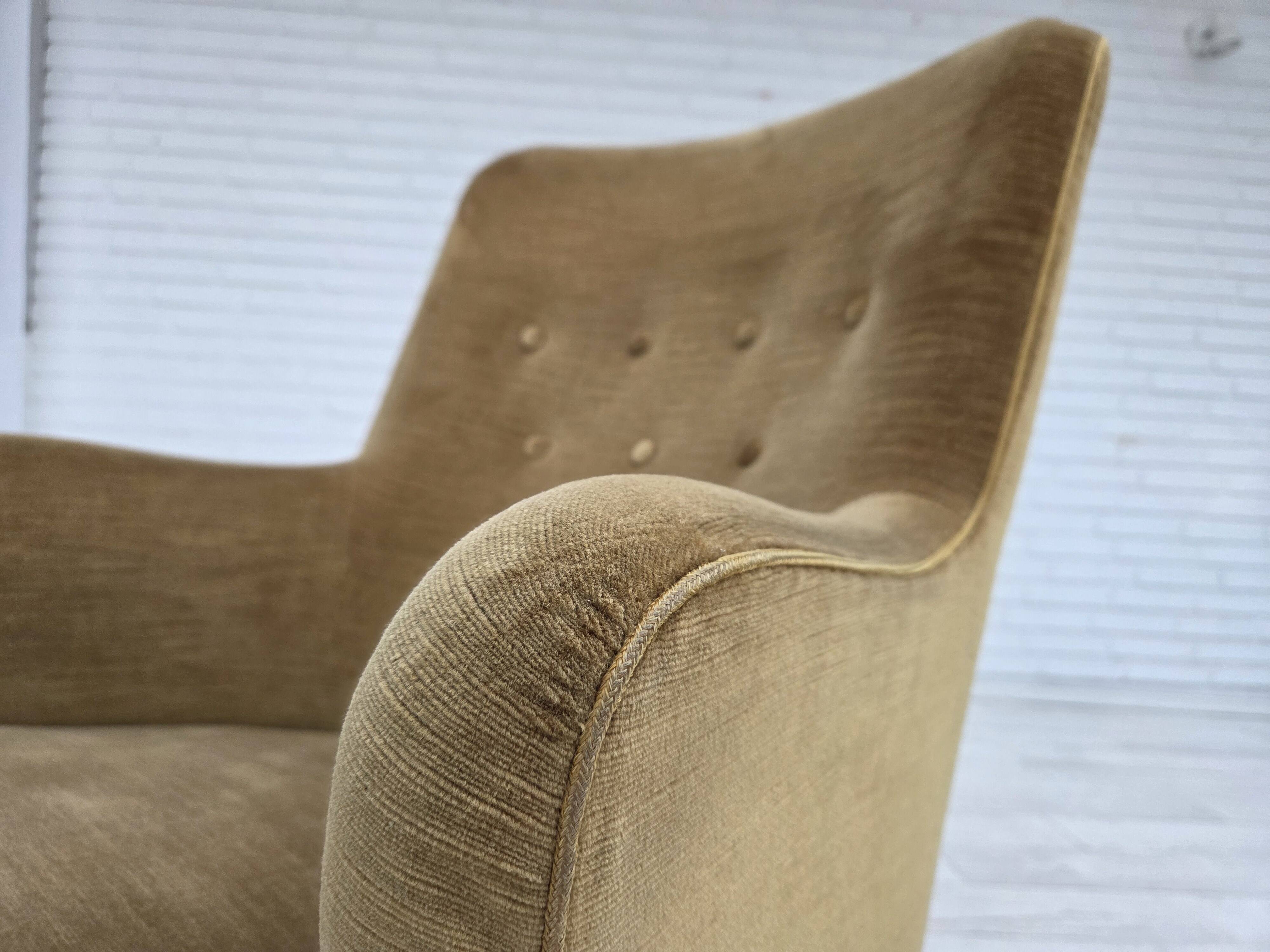 1970s, Danish highback back armchair, light green furniture velour.