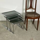 Nesting table in chrome metal and smoked glass 1980