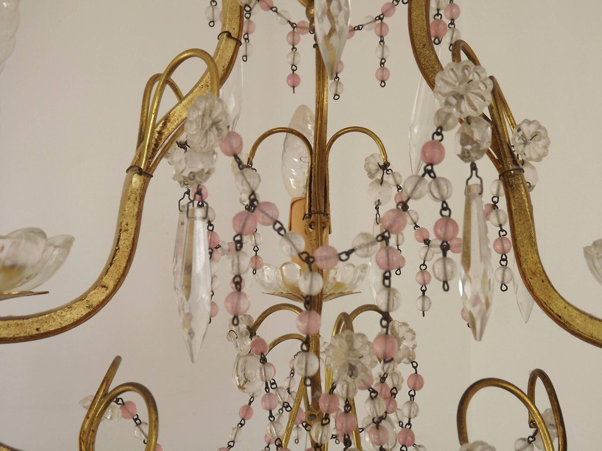 French gilt bronze three-light cage chandelier with pink and clear beaded swags.