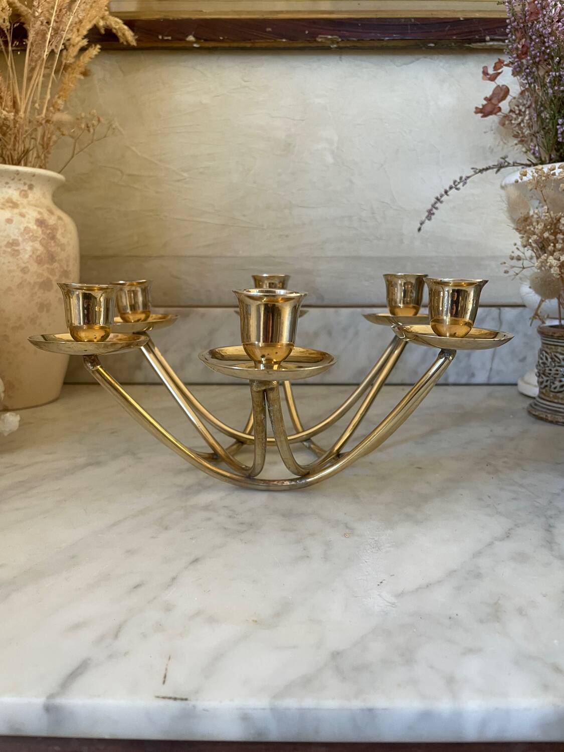 Low six-light brass chandelier circa 1950