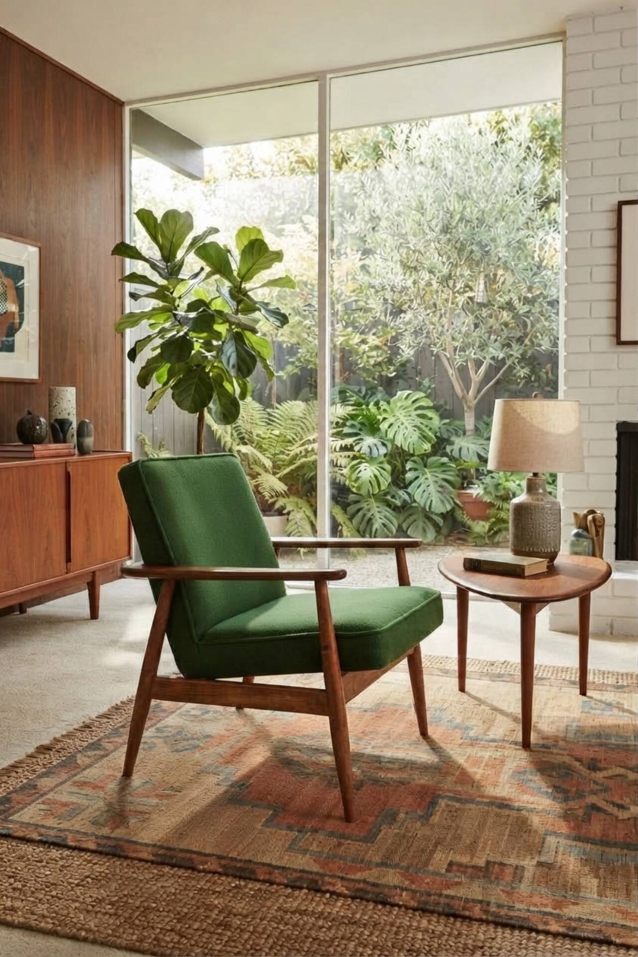 Scandinavian modern chair in green wool, vintage wooden armchair.