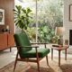 Scandinavian modern chair in green wool, vintage wooden armchair.