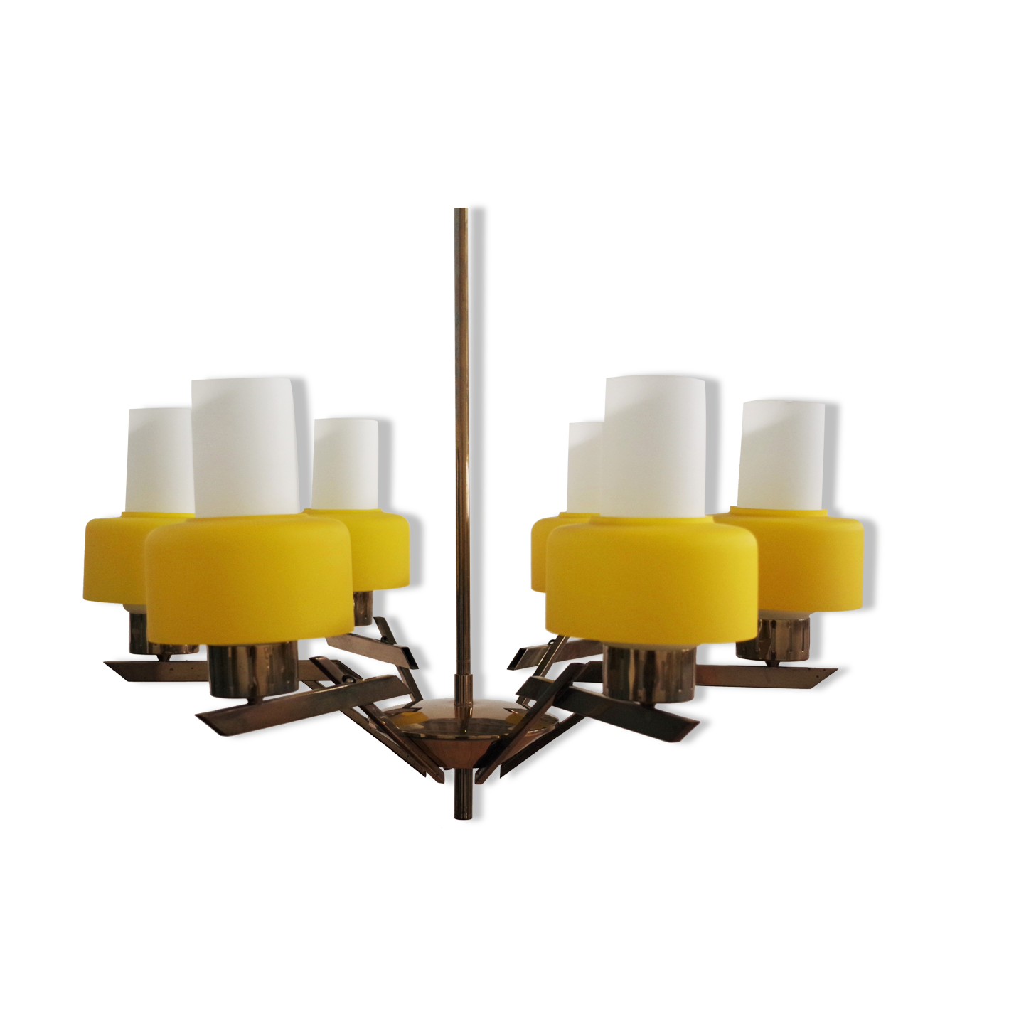 Vintage chandelier in brass and glass