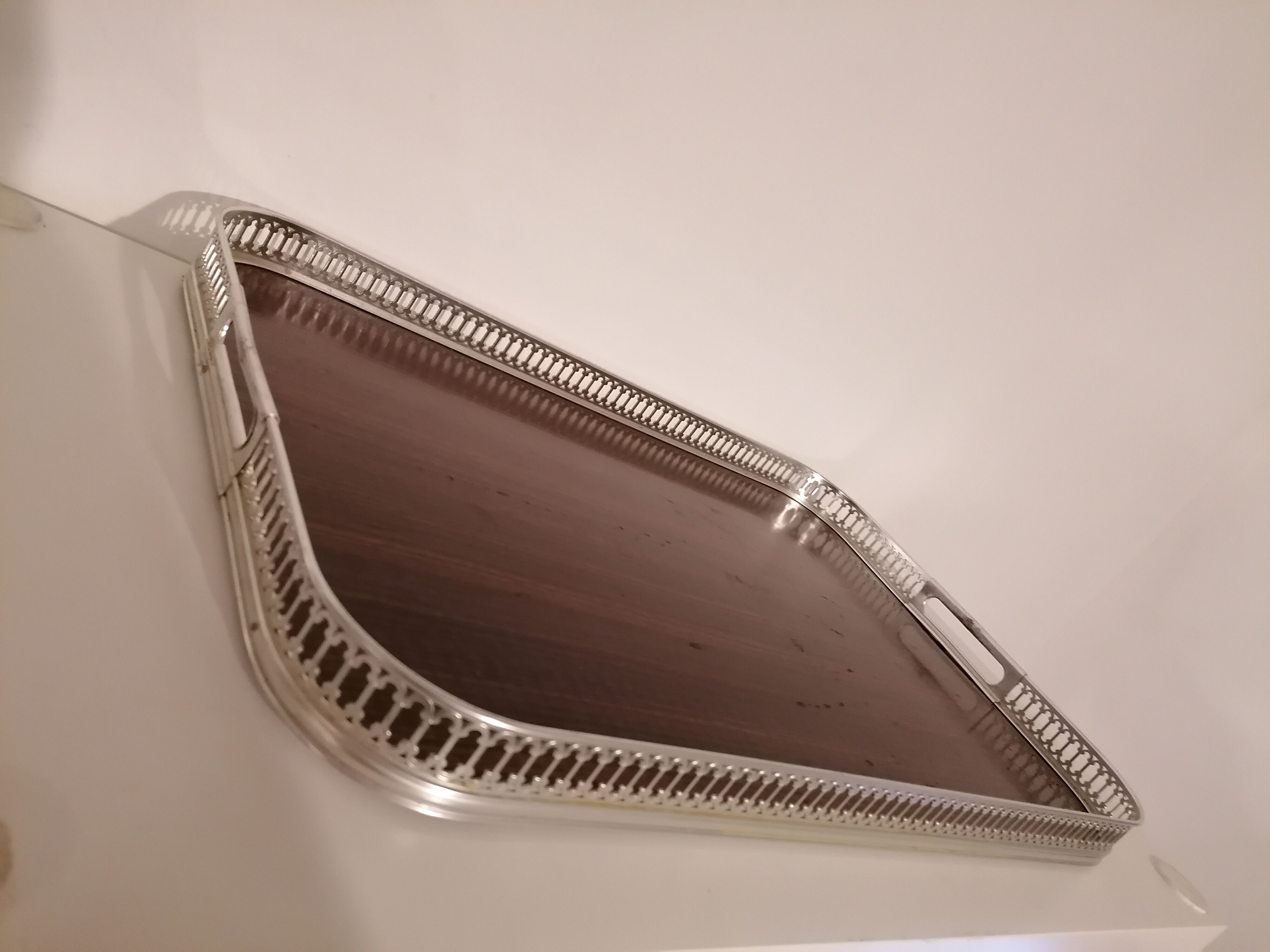 Silver metal tray décor faux wood formica vintage 60 70 made in Italy