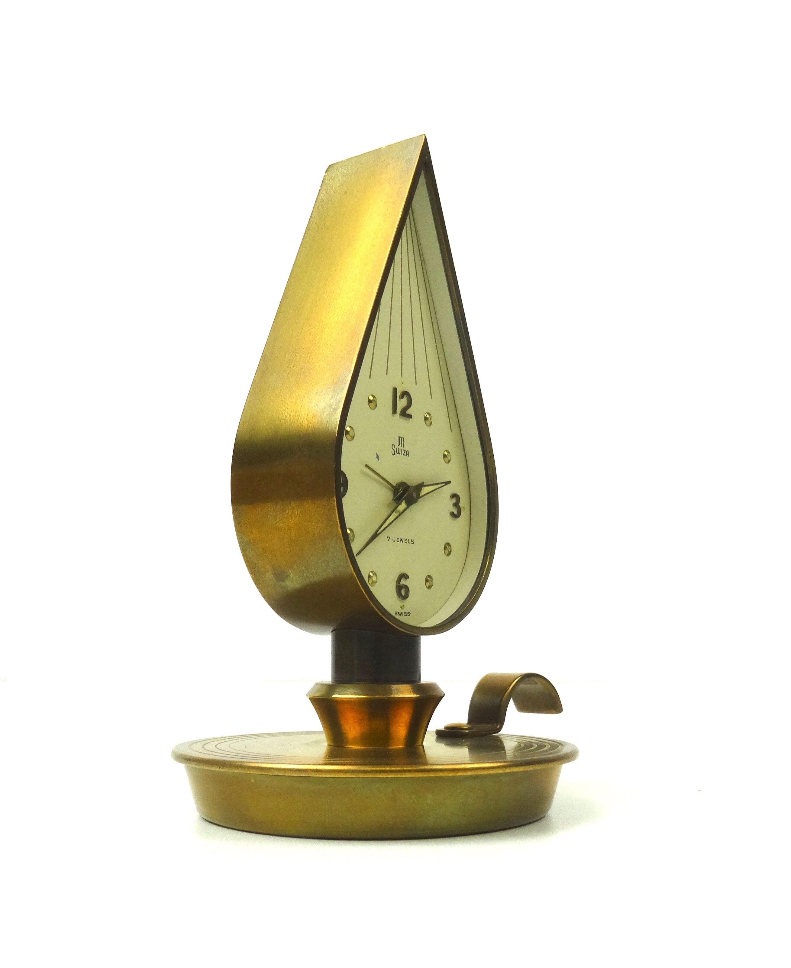 Lovely rare mid century Swiza brass candlelight shape desk clock Hollywood Regency Swiss 1950