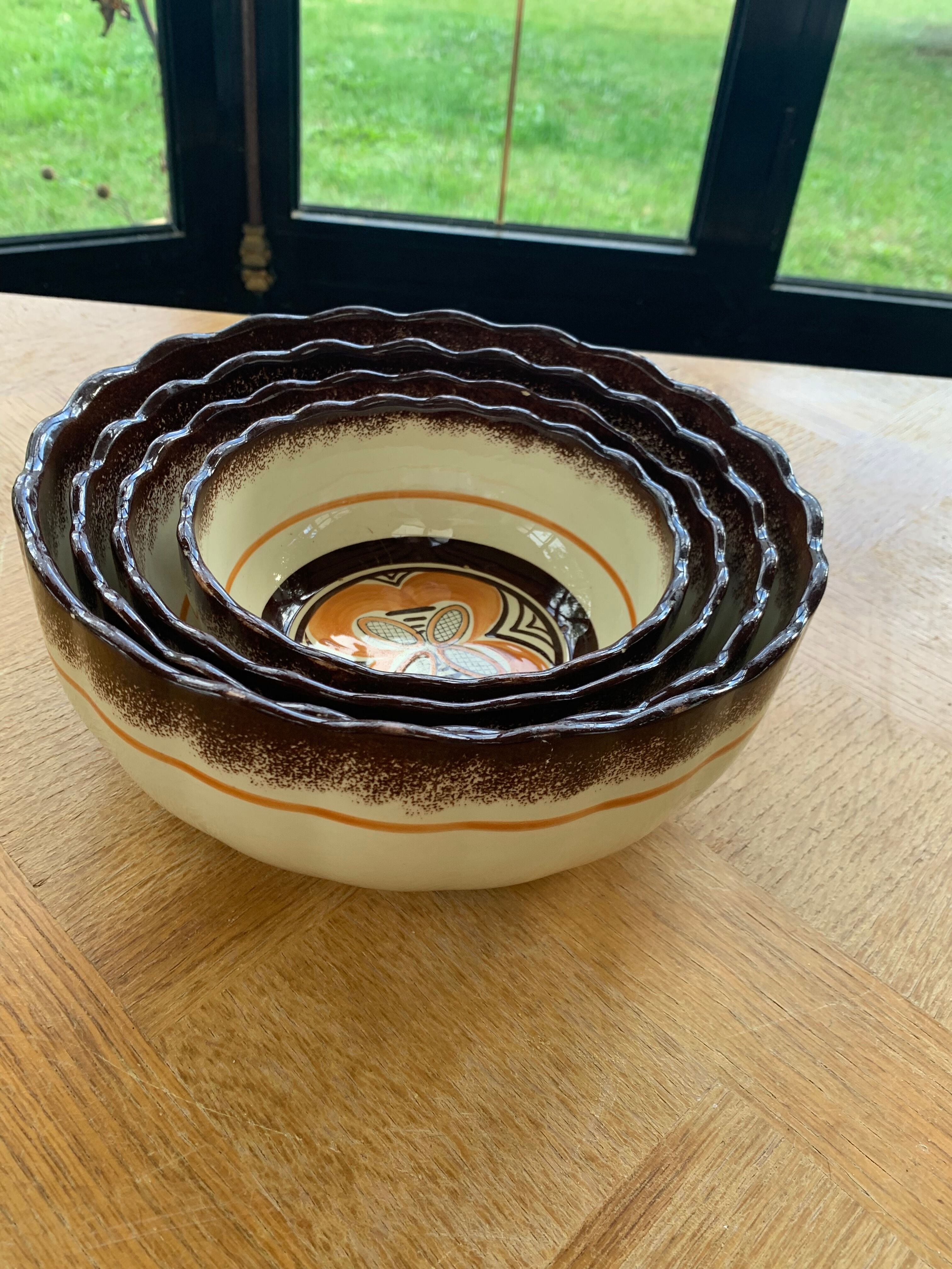 4 nesting salad bowls in enameled ceramic mbfa pont l abbé decorated vintage hand