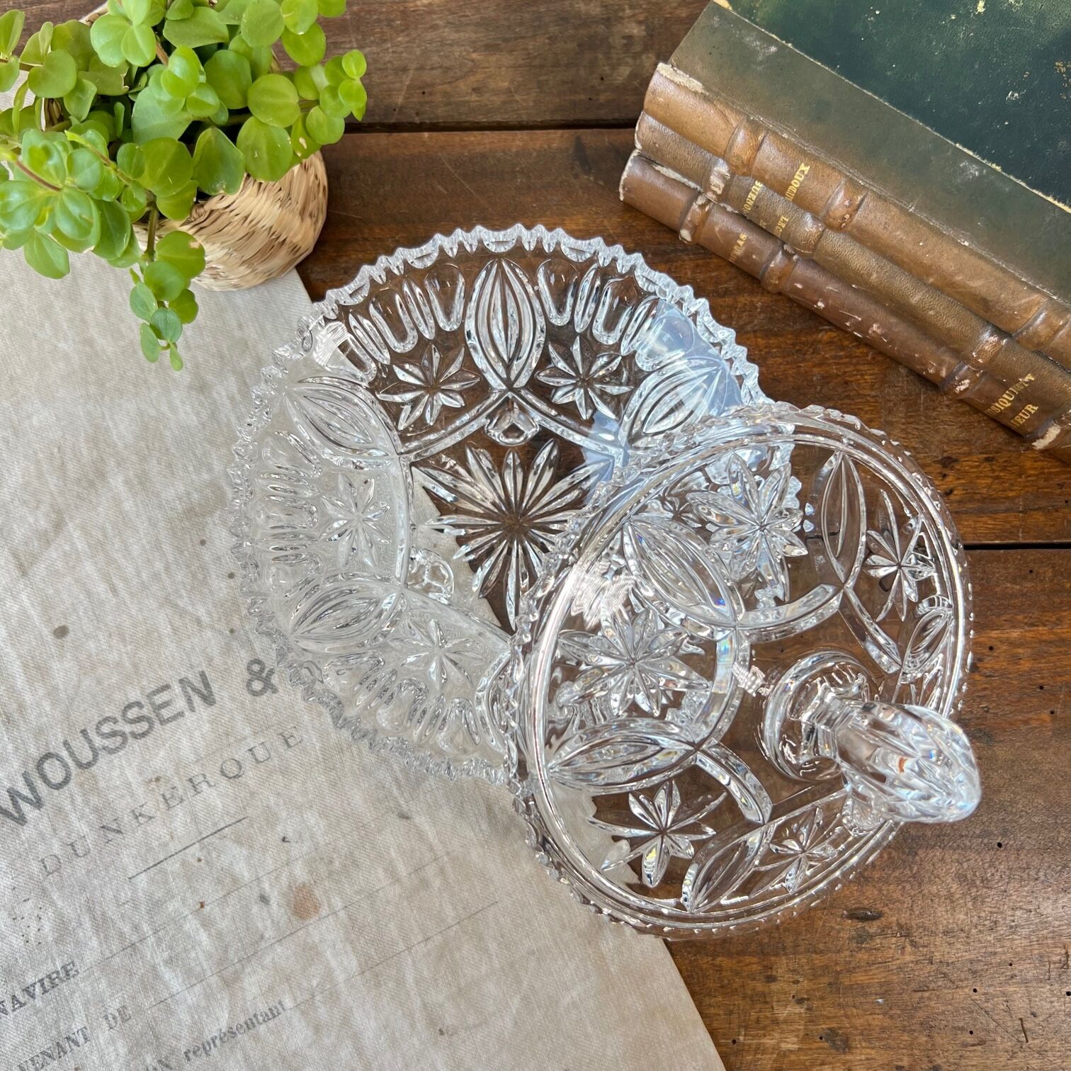 Large chiseled crystal sugar bowl
