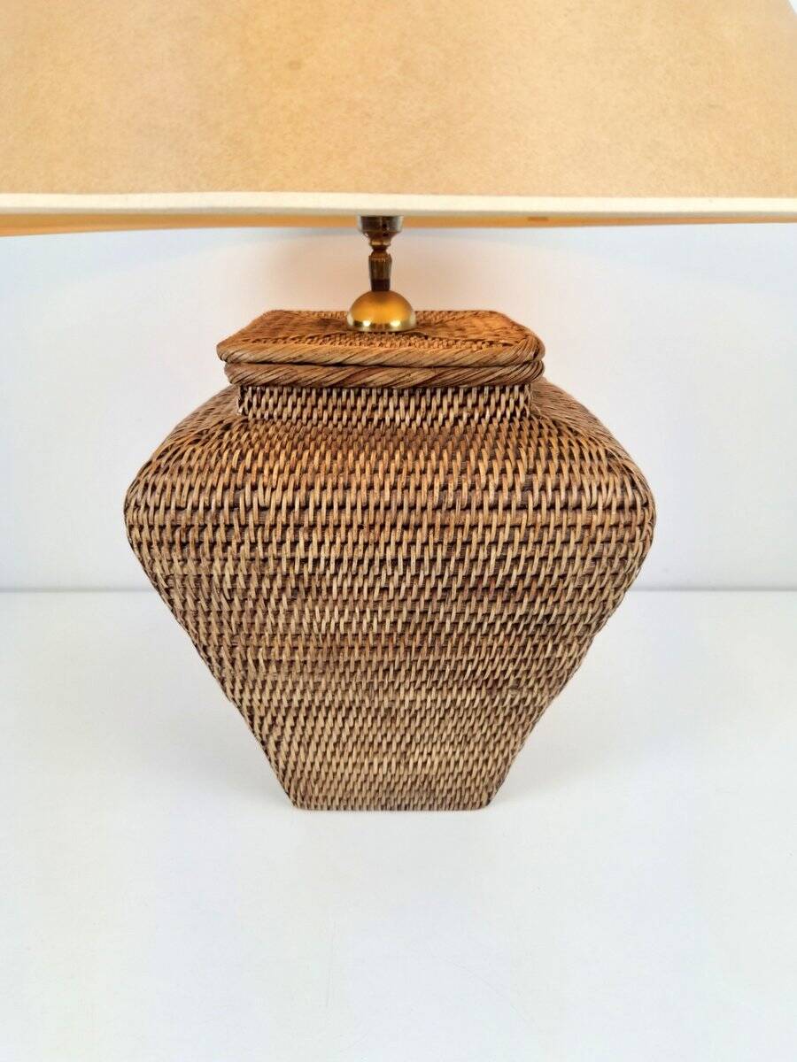 Large Hand Woven Wicker Rattan Table Lamp, France, 1970s