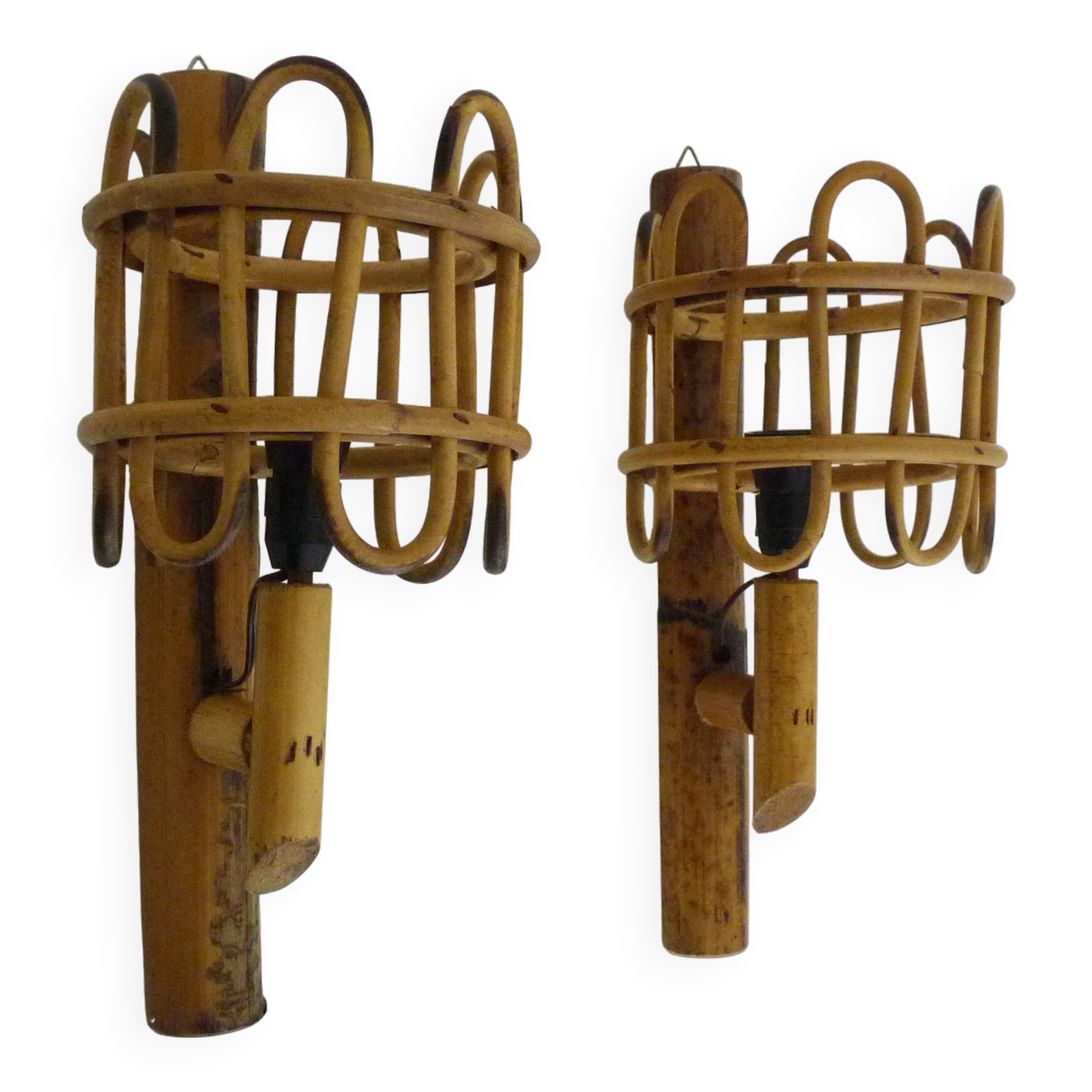 Pair of rattan bamboo lantern wall lights. 1950s-1960s