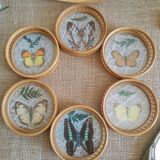 Set tray and 6 under glass bamboo vintage butterflies