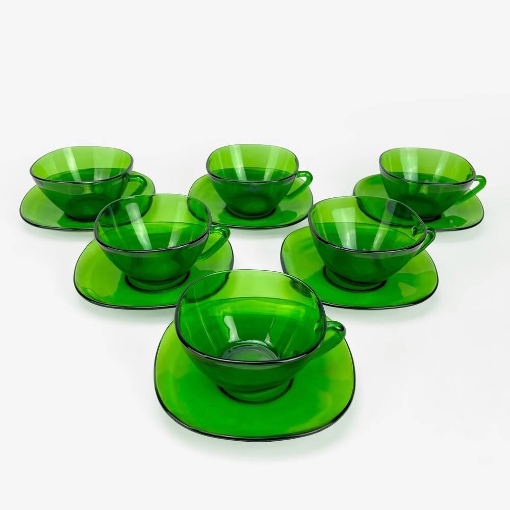 6 Large Vereco cups and saucers emerald green 70s