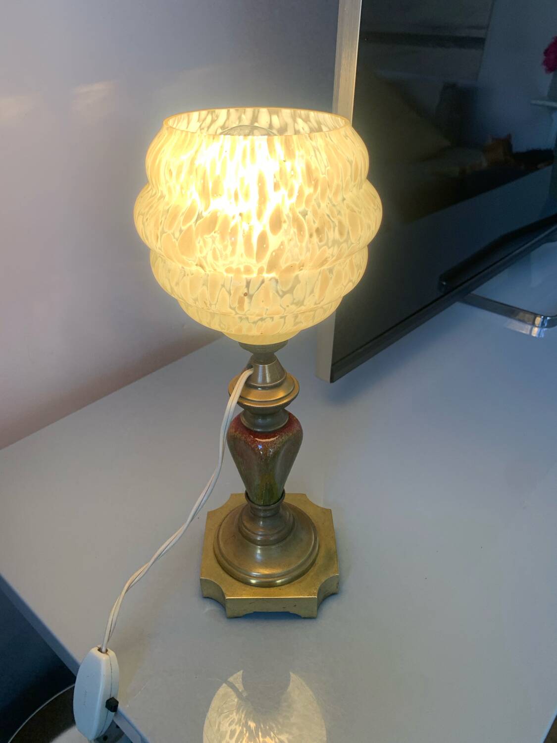 Old ceramic and brass lamp, Clichy glass globe