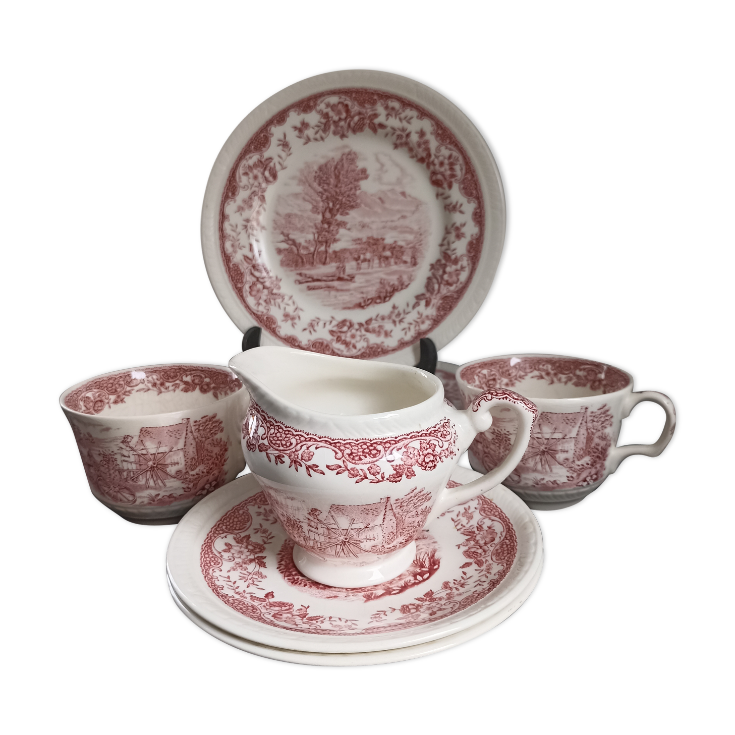 Staffordshire cups, saucers, plates and milk jar