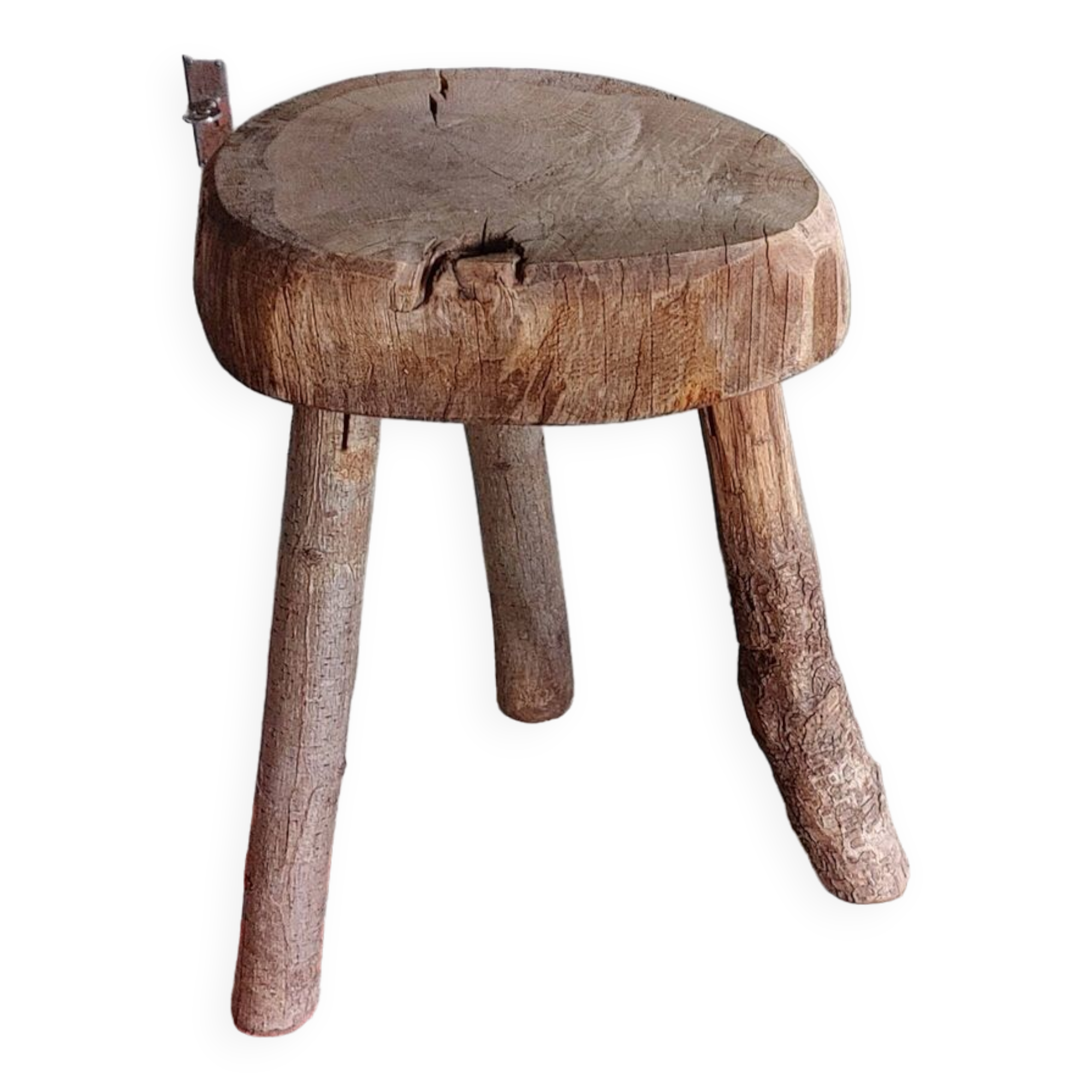 Old small country stool in raw wood - tripod base