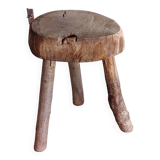 Old small country stool in raw wood - tripod base