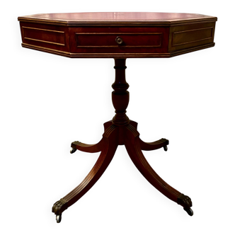 Vintage octagonal gueridon, 4 drawers, leather top, lion's paw feet.