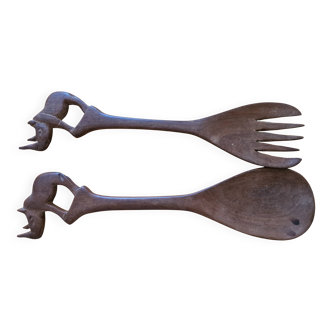 Paire de couverts à  salade en bois, décor de rhinocéros