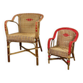 Duo d'anciens fauteuils en osier adulte et enfant