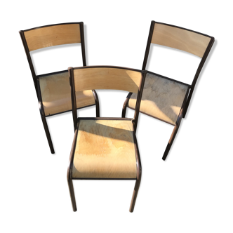 Set of 3 antique chairs stackable school metal brown and wood 70s