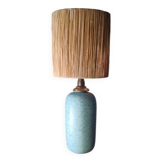 70s style lamp blue green ceramic 40x13 and raffia lampshade H total 57x23 elec ok