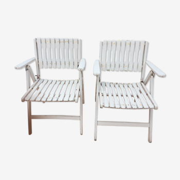 2 fauteuils bois, blanc à lattes