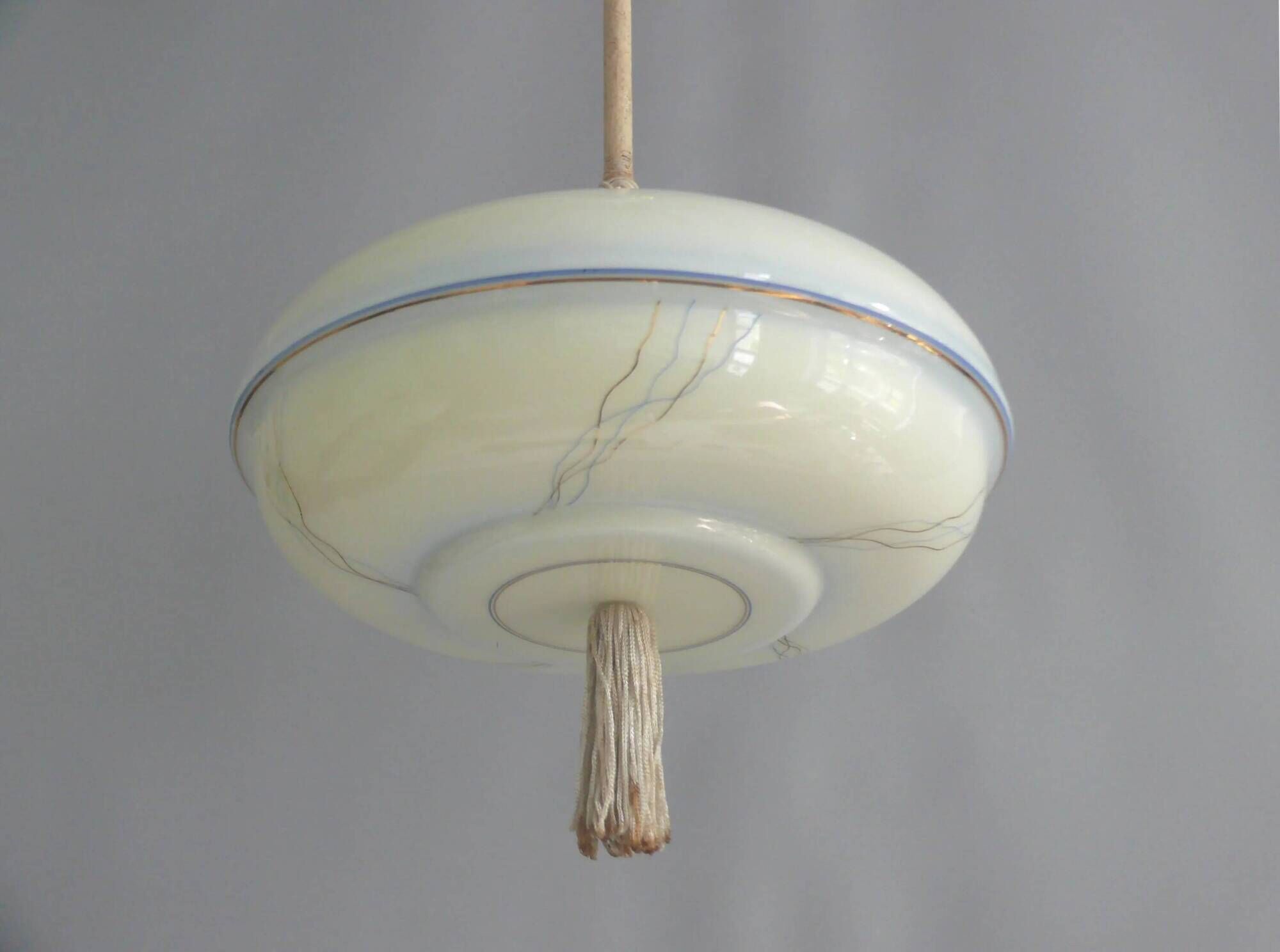 Art Deco rod pendant lamp with brass suspension and decorative glass shade