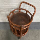 Round bamboo & rattan bar cart - italy 1960's
