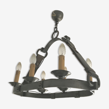 Chandelier vintage metal and leather