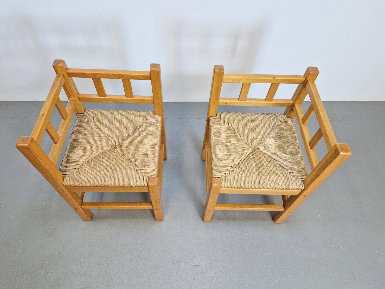 Dutch Modernist Art Deco Style Corner Chair in Oak and Rush, 1950s, Set of 2