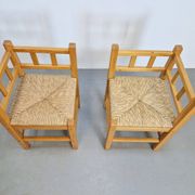 Dutch Modernist Art Deco Style Corner Chair in Oak and Rush, 1950s, Set of 2