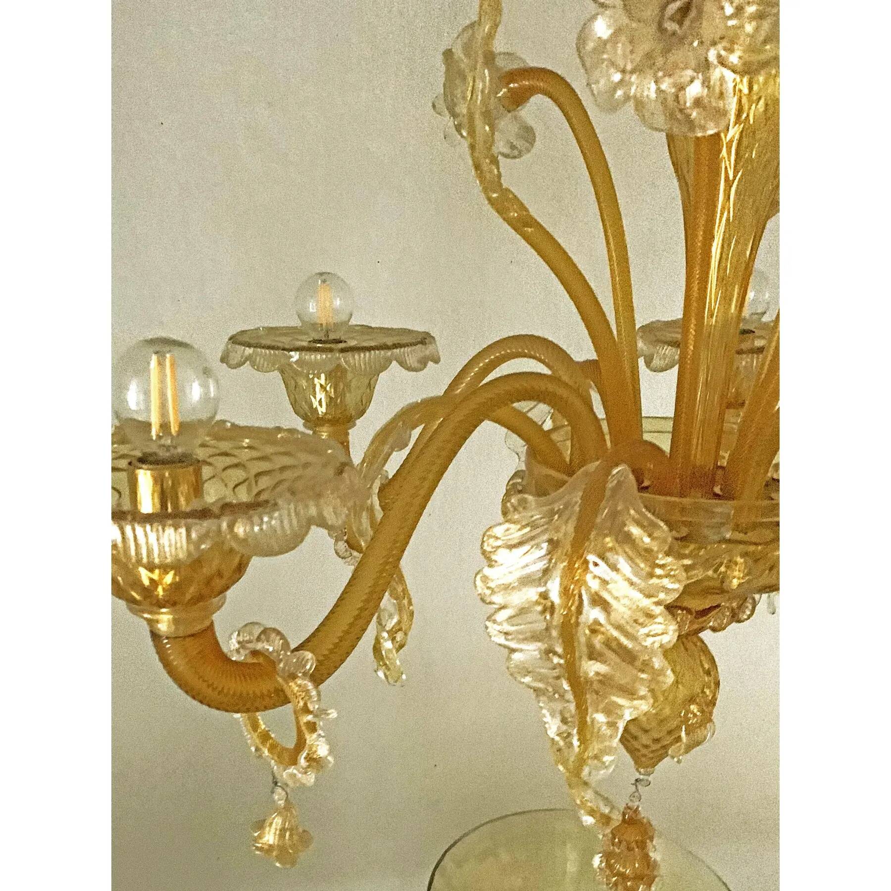 Venetian Murano-Style Chandelier in Transparent and Amber Glass with Flower