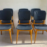Set of 6 Scandinavian chairs in light wood and black faux leather