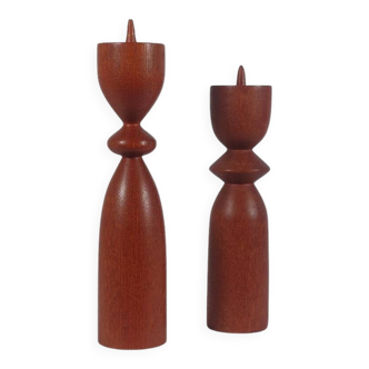 Vintage pair of sculptural teak candlesticks in Scandinavian style.