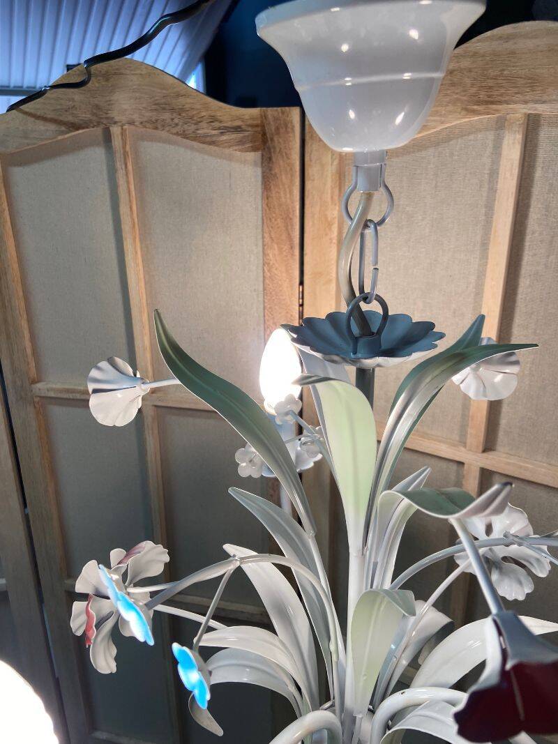 Antique florentine ceiling chandelier floral bouquet design 1970 decorative art sheet metal