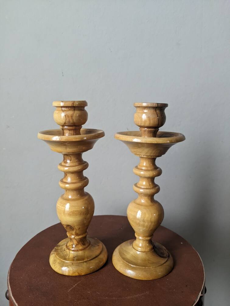 Pair of olive wood candlesticks, turned wood, handcrafted