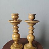 Pair of olive wood candlesticks, turned wood, handcrafted