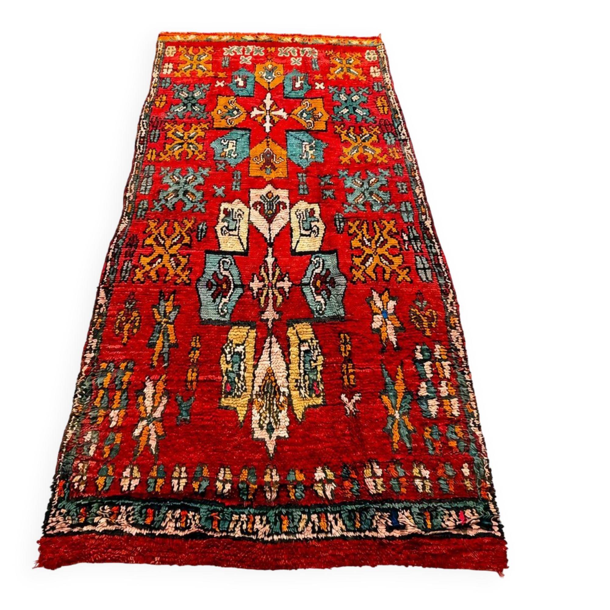 Vintage red Berber rug with multicoloured patterns - 145 x 300 cm