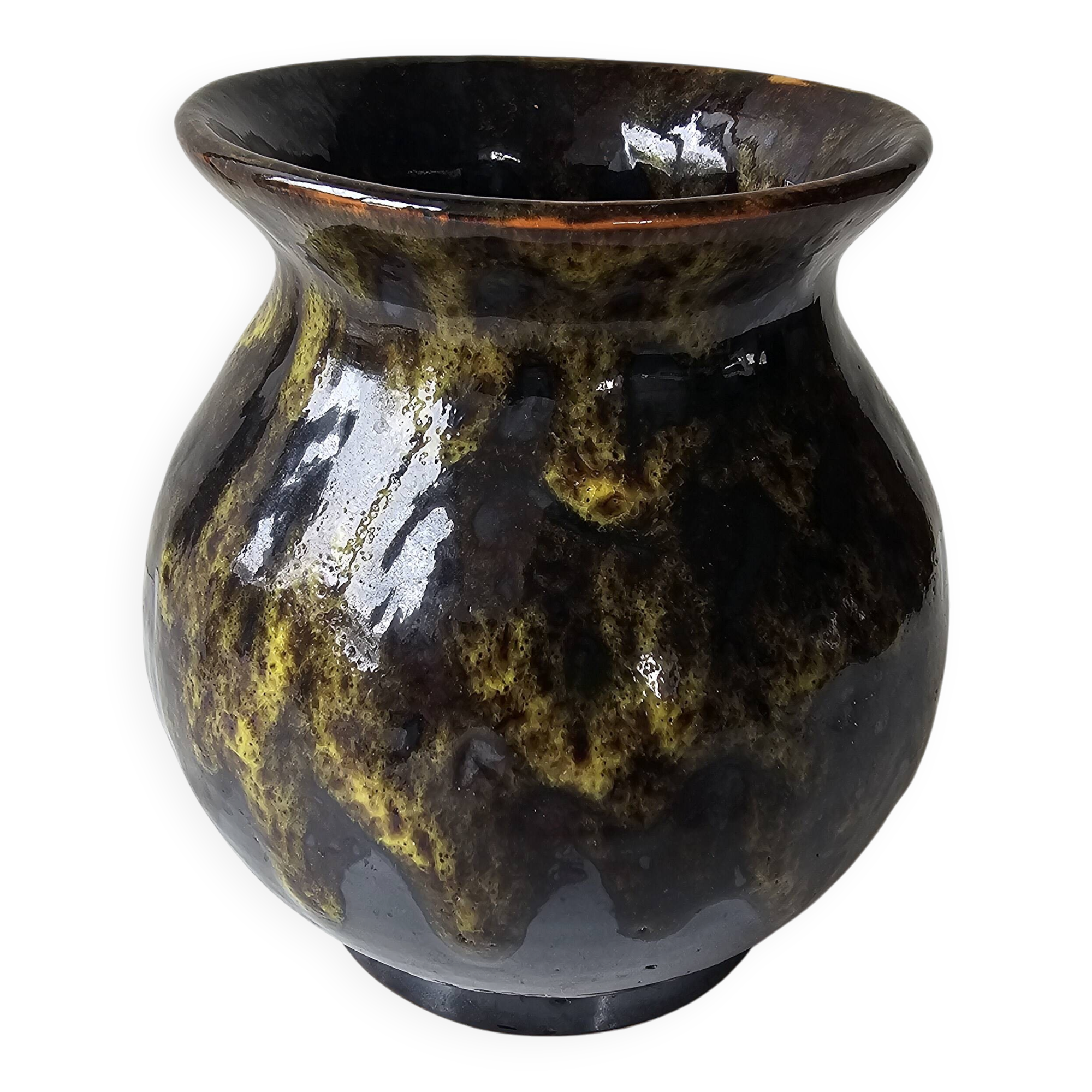Ceramic vase with black and yellow flame glaze Signed Morvan Petit Massé