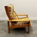 Vintage large elm wood lounge chair with original fabric, 1970s France