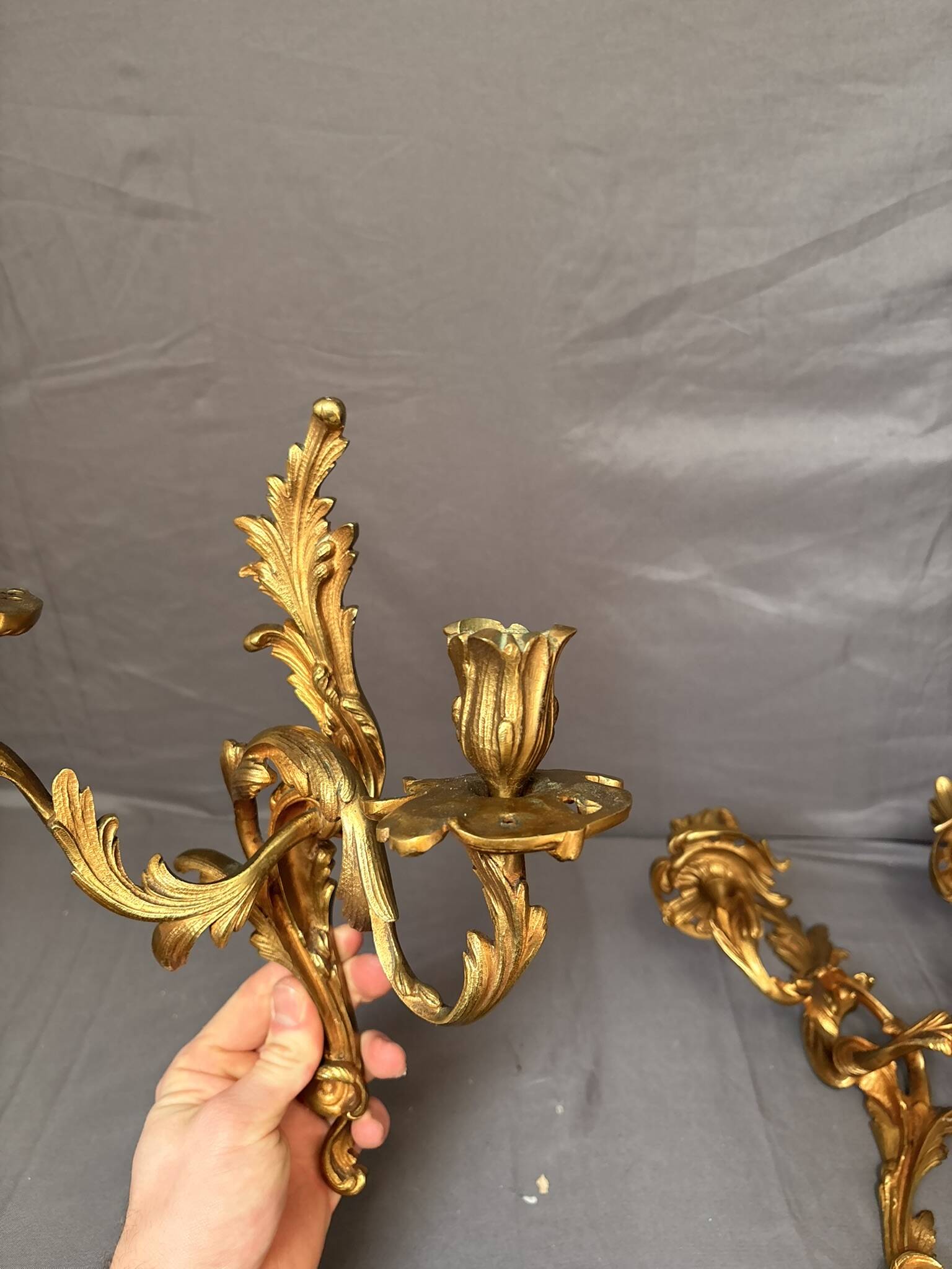 Antique Pair of Wall Sconces Candle Holders Louis XV Rococo Gilt Bronze