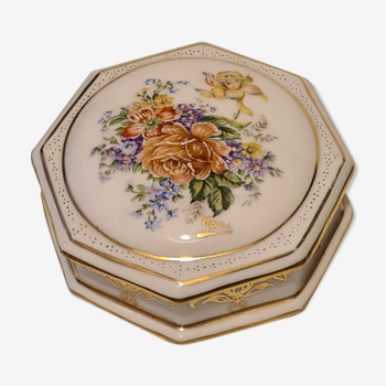 Limoges porcelain candy box hand-enhanced with floral decoration signed Marc